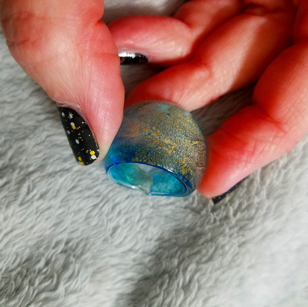 Aqua Blue Glass Ring with Gold Flecks, Size 7